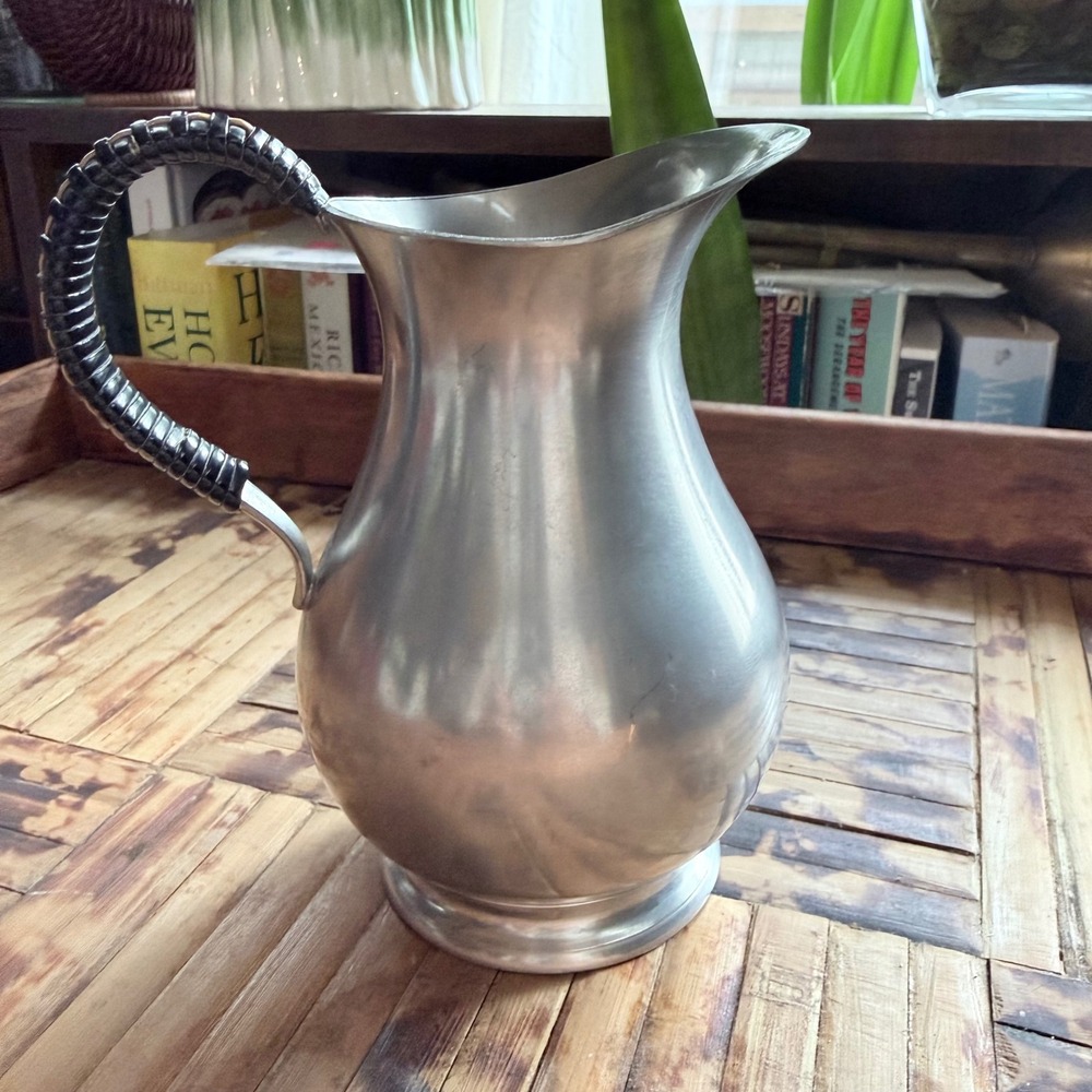 Vintage Meeuws & Zoon Pewter Pitcher‎ – The Hague, Holland – Woven Rattan Handle